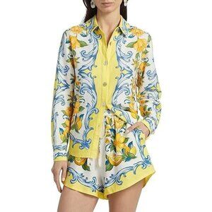 NWOT Farm Rio Sicily Scarf Linen-Blend Floral Button-Down Shirt Blouse Size L
